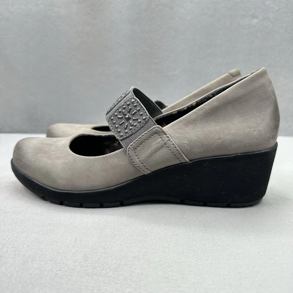 Womens 7.5-8 Aetrex Mia Mary Jane Gray Leather Wedge Arch Support Comfort Shoe‎